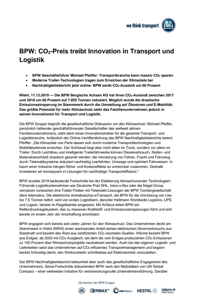 BPW: CO2-Preis treibt Innovation in Transport und Logistik
