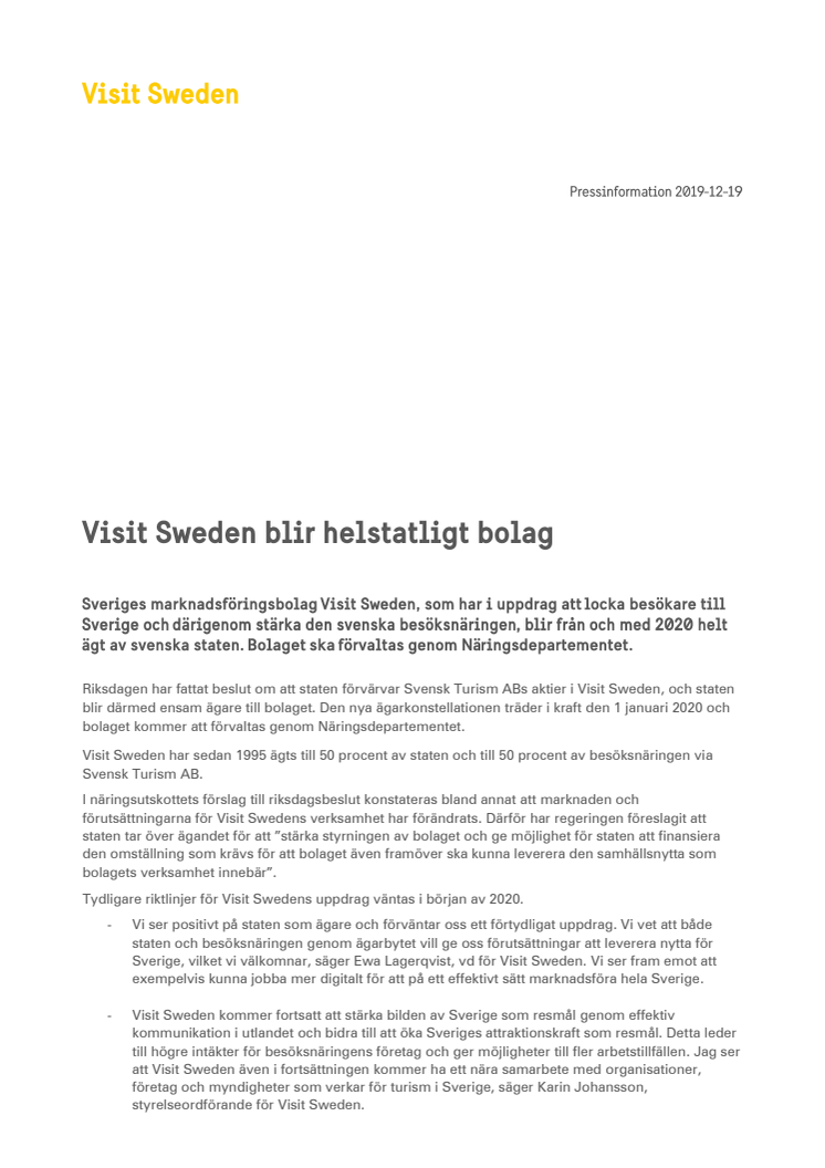 Visit Sweden blir helstatligt bolag 