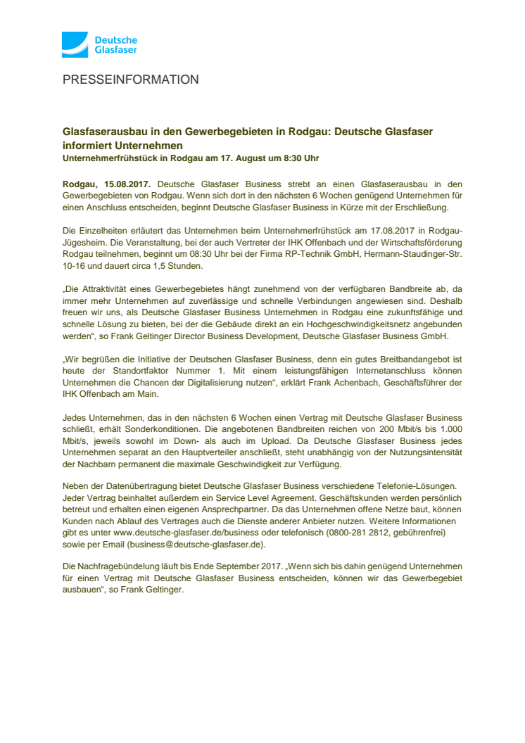 Glasfaserausbau in den Gewerbegebieten von Rodgau und Rödermark: Deutsche Glasfaser informiert Unternehmen