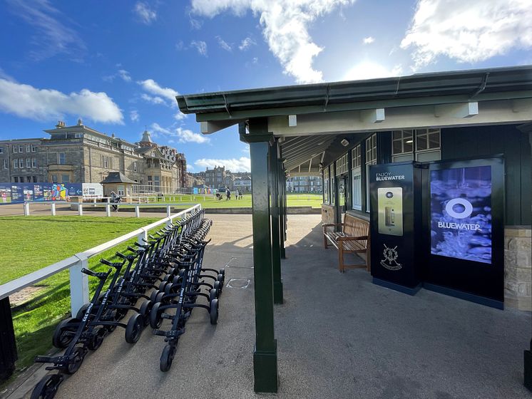 Bluewater refill station with digital screen next to the Old Course at St. Andrews, Scotland - the 'Home of Golf'