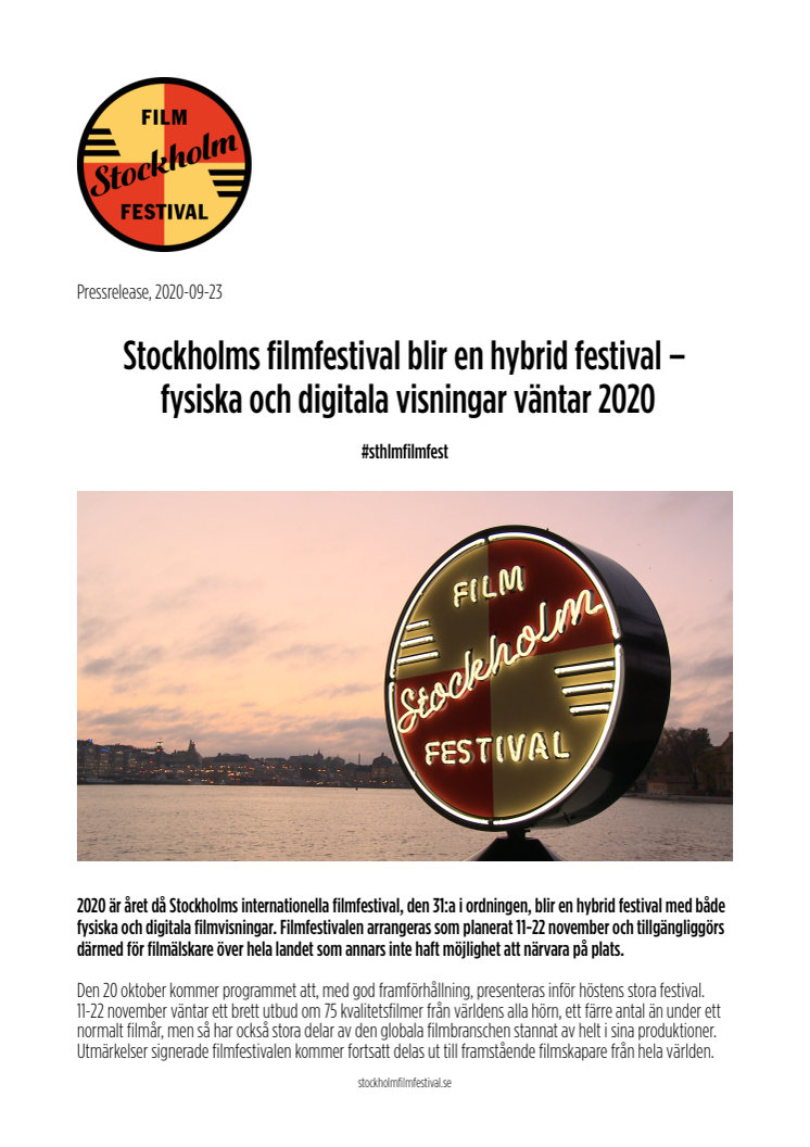 Stockholms filmfestival blir en hybrid festival – fysiska och digitala visningar väntar 2020