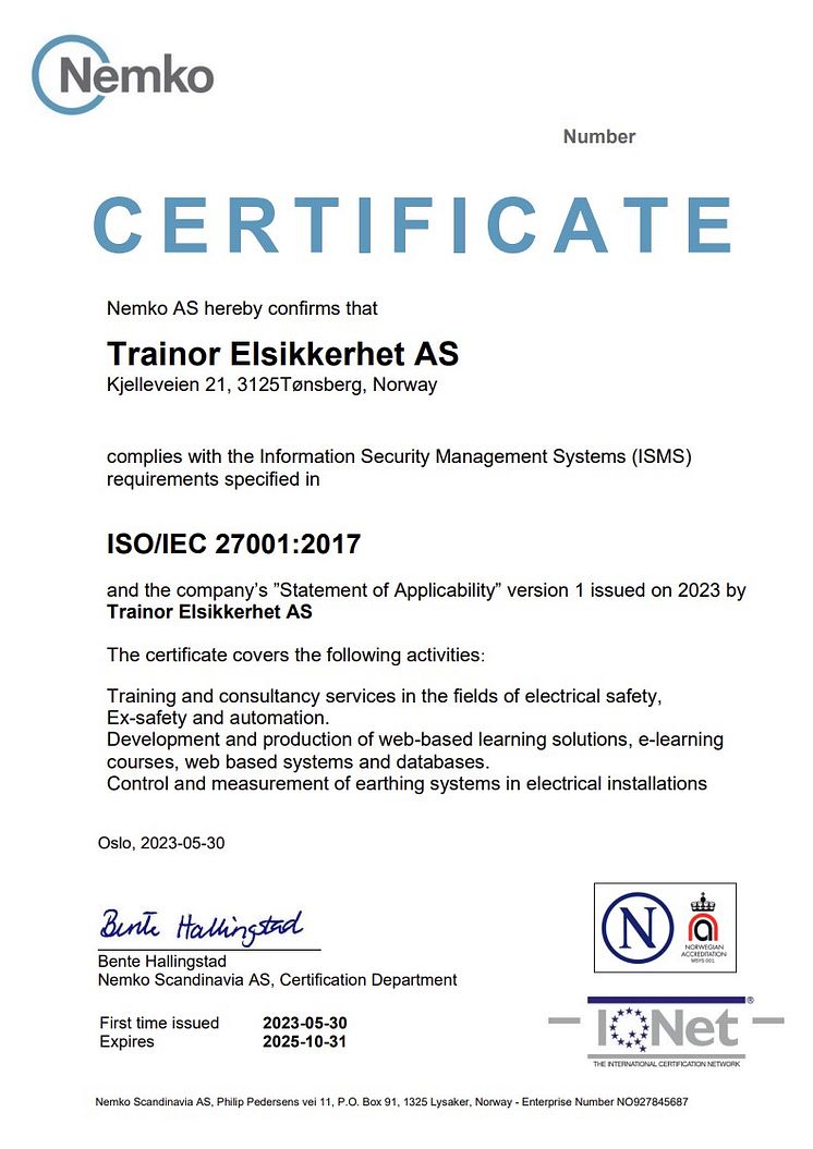 ISO 27001 Certificate Nemko