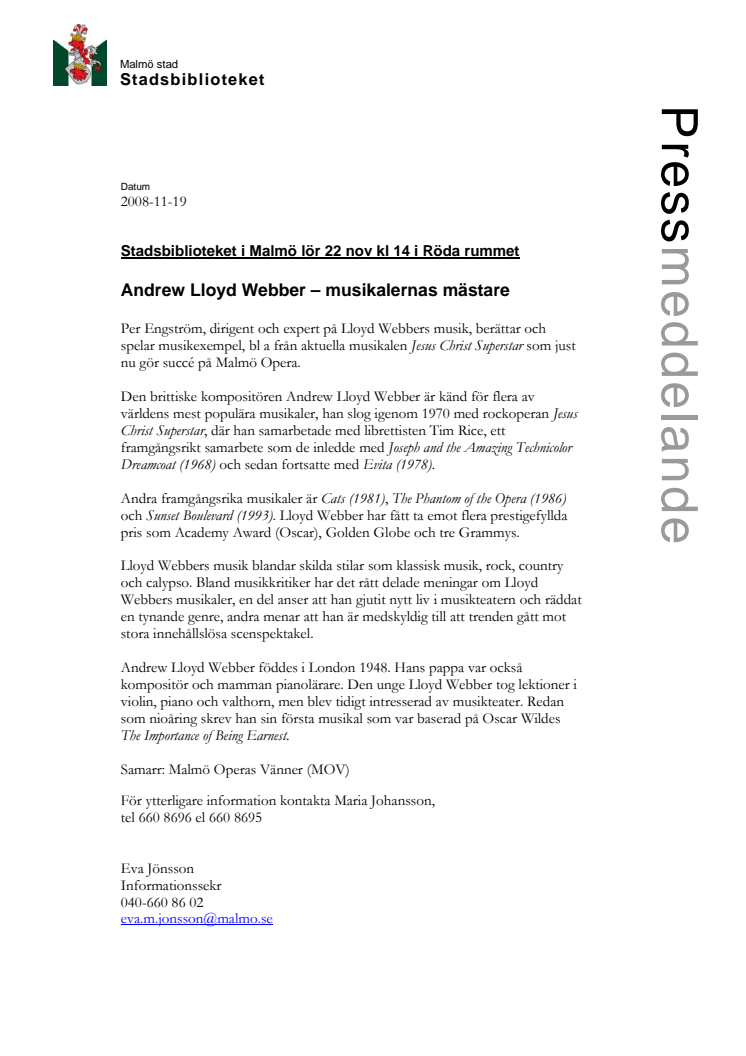 Andrew Lloyd Webber - musikalernas mästare, föreläsning på Stadsbiblioteket i Malmö