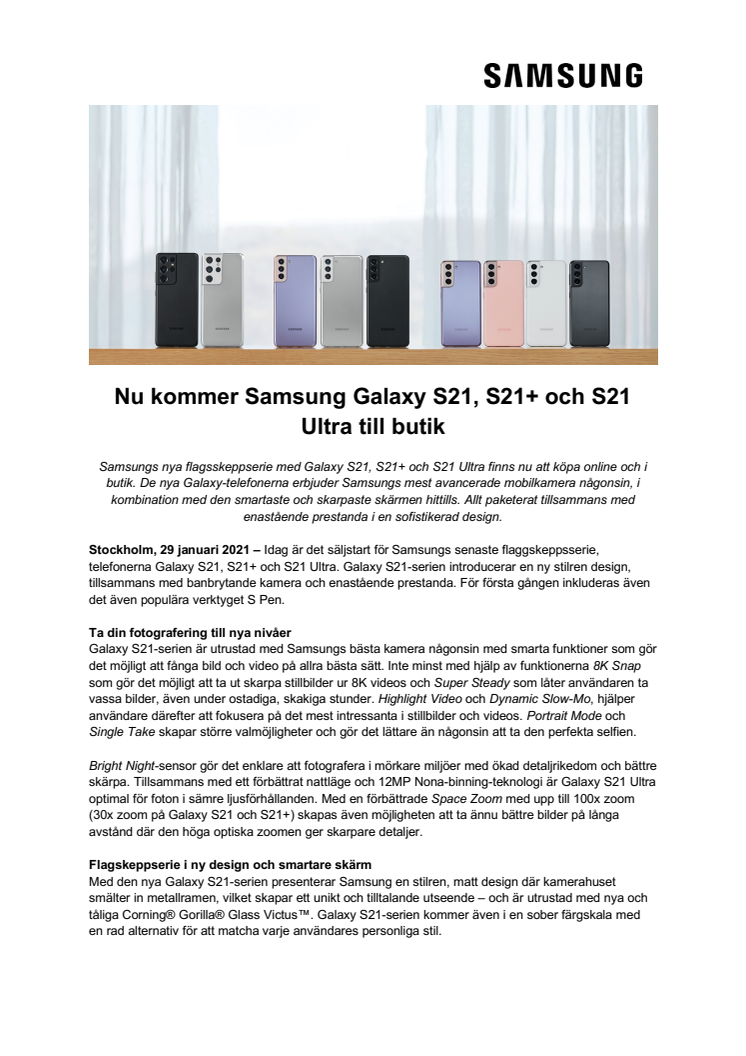 Nu kommer Samsung Galaxy S21, S21+ och S21 Ultra till butik