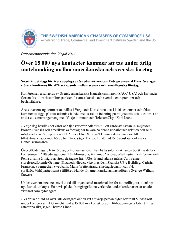 Över 15 000 nya kontakter kommer att tas under årlig matchmaking mellan amerikanska och svenska företag