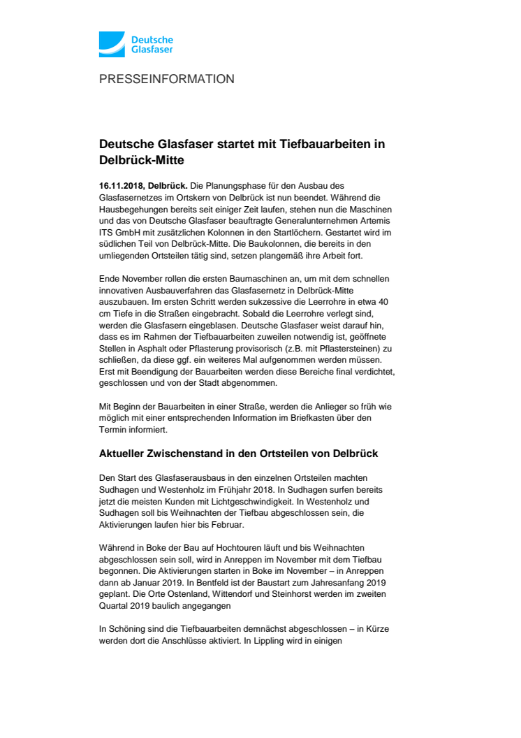 Deutsche Glasfaser startet mit Tiefbauarbeiten in Delbrück-Mitte 