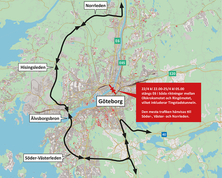 Helgen den 22-24 april är Tingstadstunneln och E6 mellan Olskroken och Ringön helt stängd. Den mesta trafiken leds om via Älvsborgsbron.