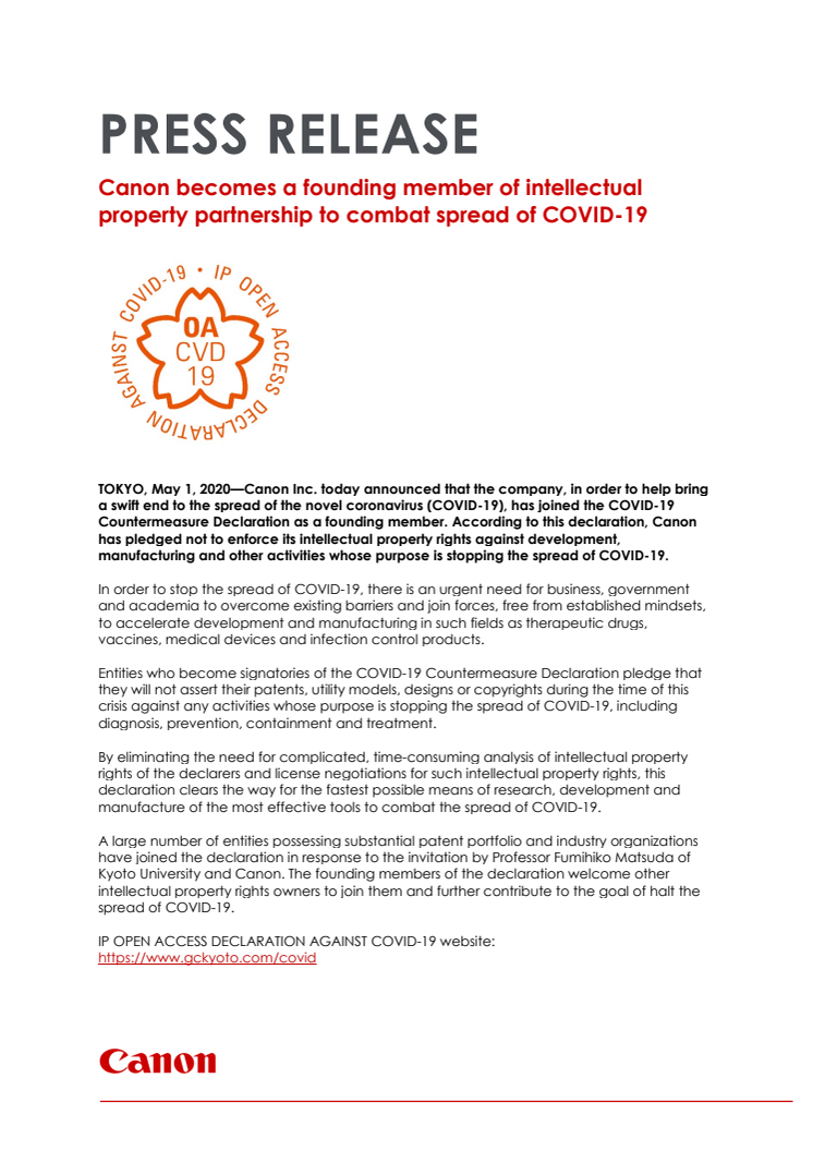 Canon är med och grundar partnerskap för immateriella rättigheter med syfte att bekämpa spridningen av COVID-19. 