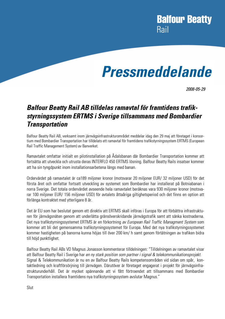 Balfour Beatty Rail AB tilldelas ramavtal för framtidens trafikstyrningssystem ERTMS i Sverige tillsammans med Bombardier Transportation