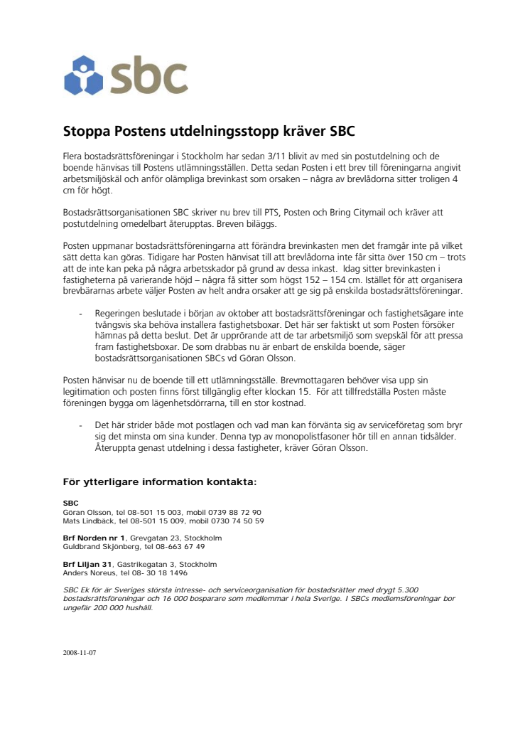 Stoppa Postens utdelningsstopp kräver SBC