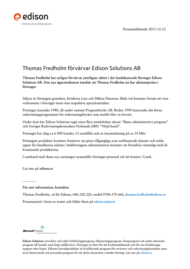 Thomas Fredholm förvärvar Edison Solutions AB