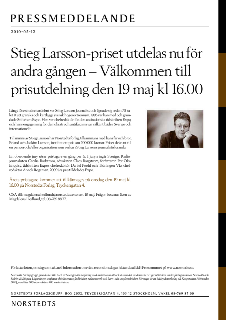 Stieg Larsson-priset utdelas nu för andra gången – Välkommen till prisutdelning den 19 maj kl 16.00