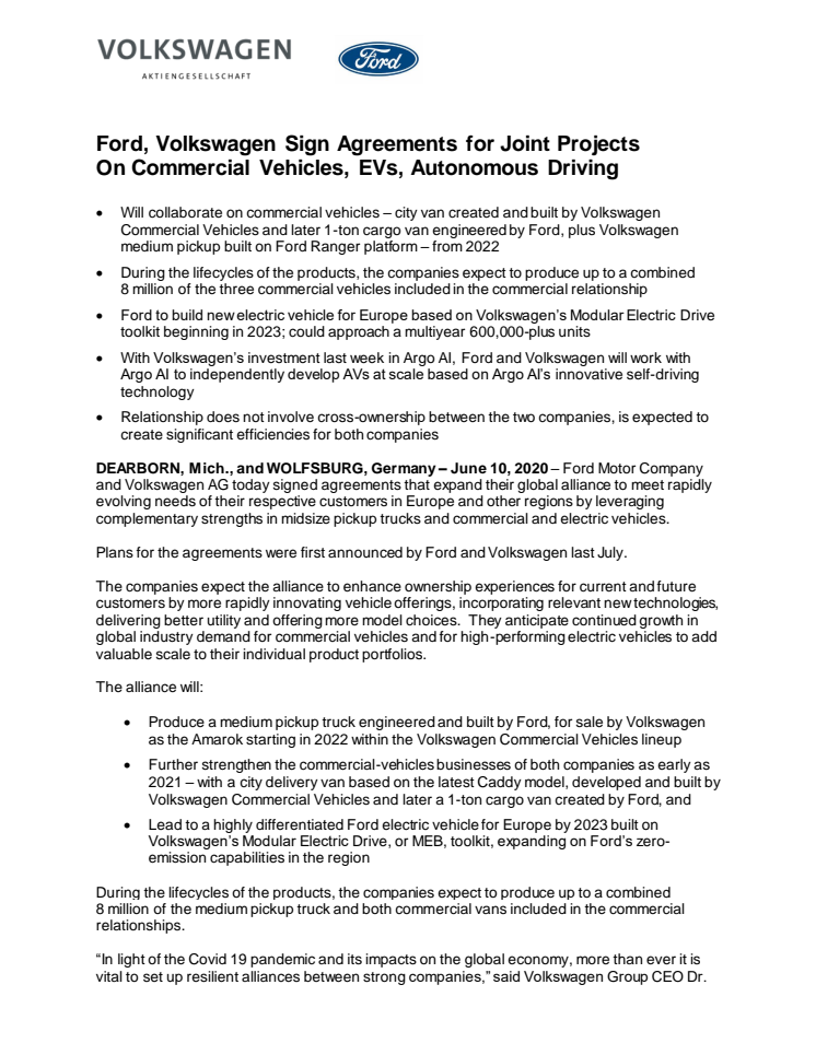 Ford & Volkswagen Sign Agreements for Joint Projects