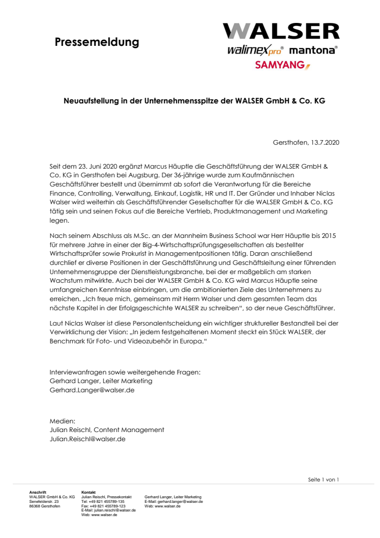 Neuaufstellung in der Unternehmensspitze der WALSER GmbH & Co. KG