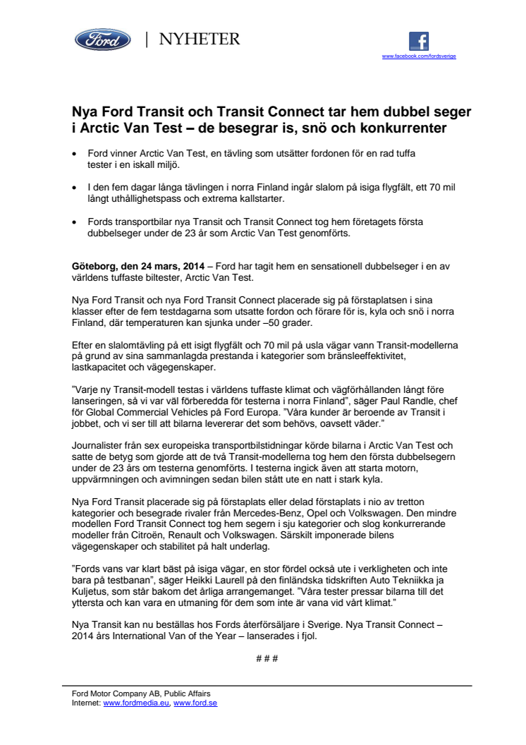 Nya Ford Transit och Transit Connect tar hem dubbel seger i Arctic Van Test – de besegrar is, snö och konkurrenter