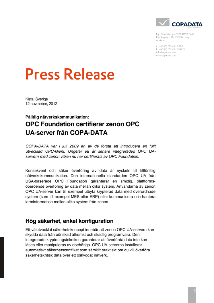 Automation: OPC Foundation certifierar zenon OPC  UA-server från COPA-DATA 