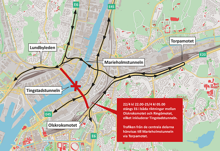 Helgen den 22-24 april är Tingstadstunneln och E6 mellan Olskroken och Ringön helt stängd. Trafiken från de centrala delarna leds om via Marieholmstunneln.