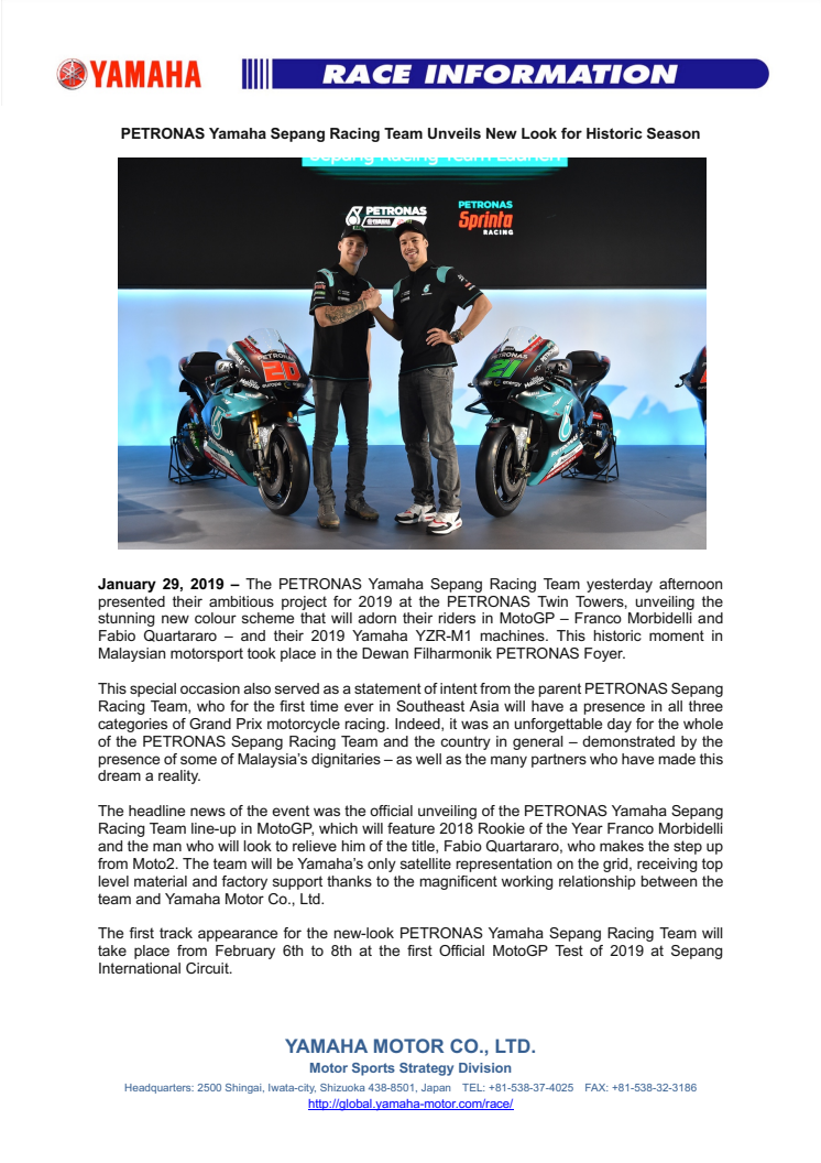PETRONAS Yamaha Sepang Racing Team Unveils New Look for Historic Season
