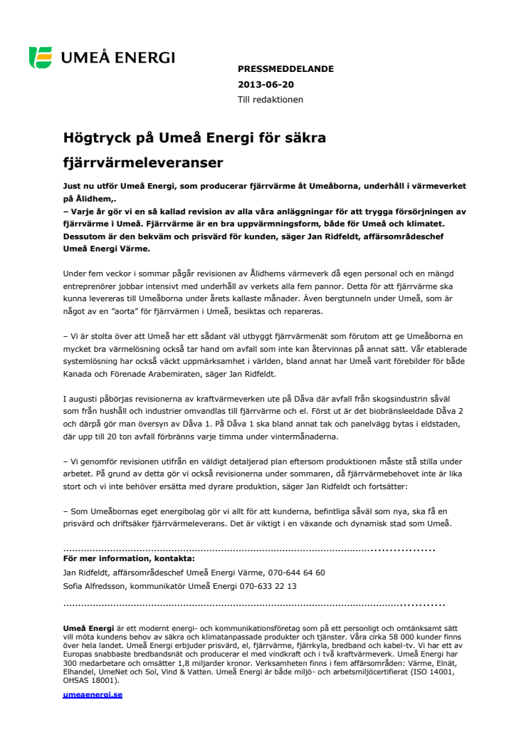 Högtryck på Umeå Energi för säkra fjärrvärmeleveranser