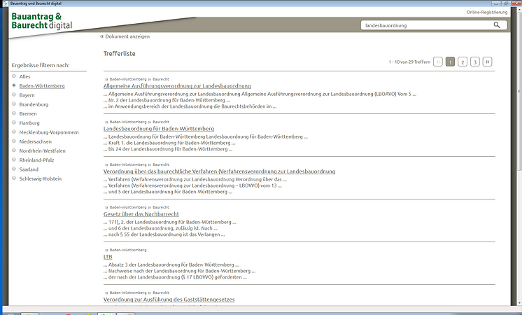 Screenshot Suchtreffer / Bauantrag & Baurecht digital