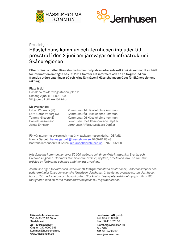 Hässleholms kommun och Jernhusen inbjuder till pressträff den 2 juni om järnvägar och infrastruktur i Skåneregionen