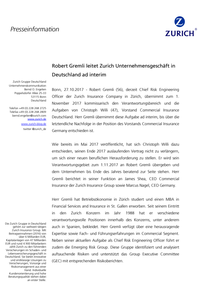 Robert Gremli leitet Zurich Unternehmensgeschäft in Deutschland ad interim