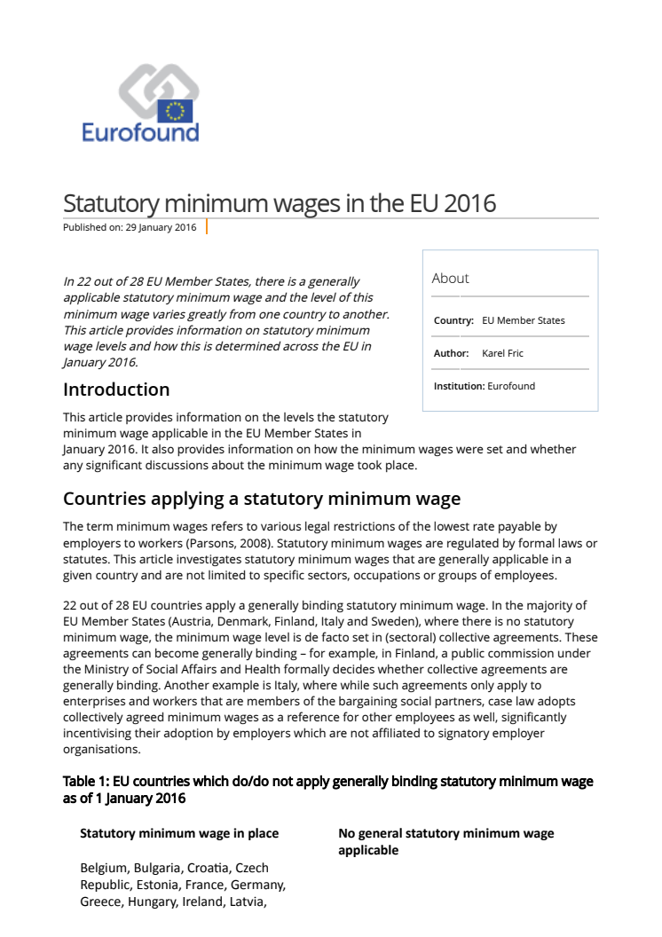 New Article: Statutory minimum wages in the EU 2016