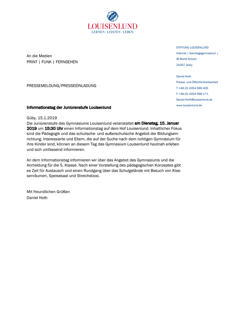 Pressemitteilung Informationstag Juniorenstufe Gymnasium Louisenlund Januar 2019