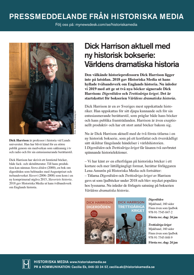 Dick Harrison aktuell med  ny bokserie:  Världens dramatiska historia