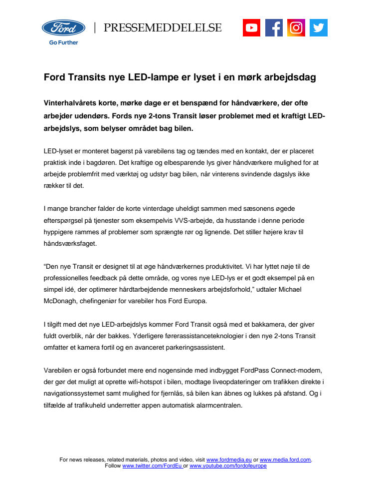 Ford Transits nye LED-lampe er lyset i en mørk arbejdsdag