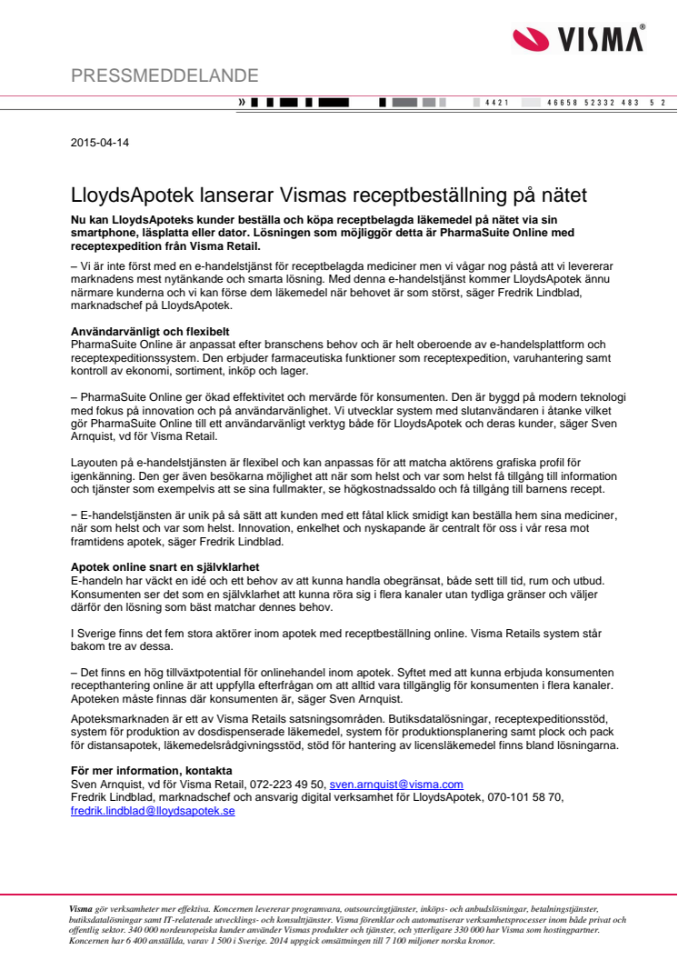 LloydsApotek lanserar Vismas receptbeställning på nätet