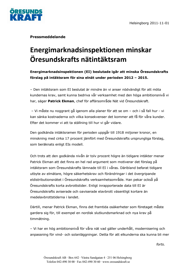 Energimarknadsinspektionen minskar Öresundskrafts nätintäktsram