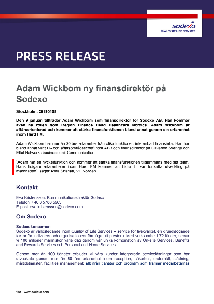 Adam Wickbom ny finansdirektör på Sodexo