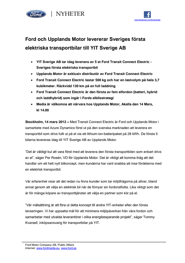 Ford och Upplands Motor levererar Sveriges första elektriska transportbilar till YIT Sverige AB