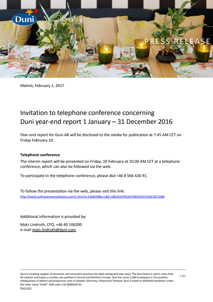 Invitation to telephone conference concerning Duni year-end report 1 January – 31 December 2016