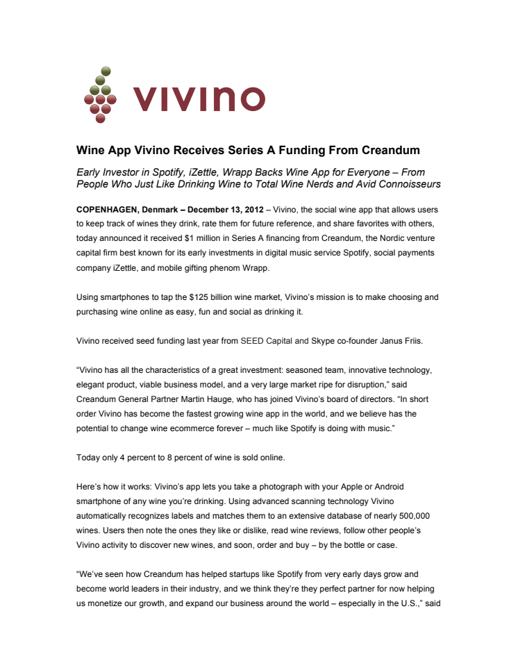 Wine App Vivino Receives Series A Funding From Creandum 