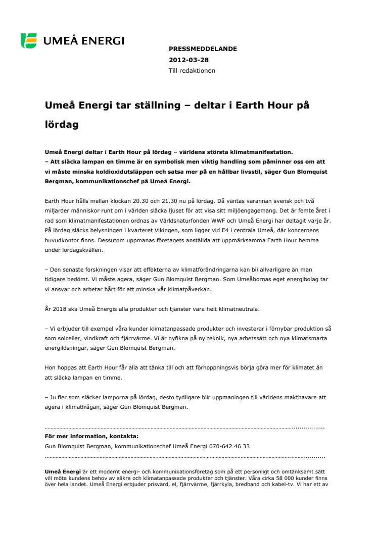 Umeå Energi tar ställning – deltar i Earth Hour på lördag