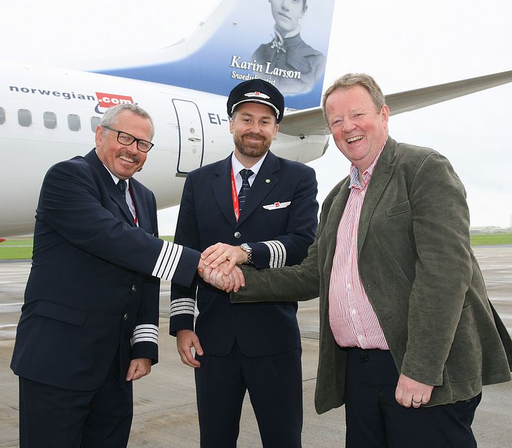 Lars Garde (Captain), Robert Bjorkholm (Co-Pilot) and Graham Keddie (MD Belfast International Airport)