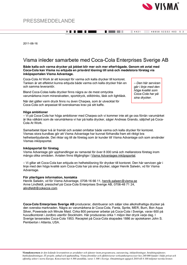 Visma inleder samarbete med Coca-Cola Enterprises Sverige AB