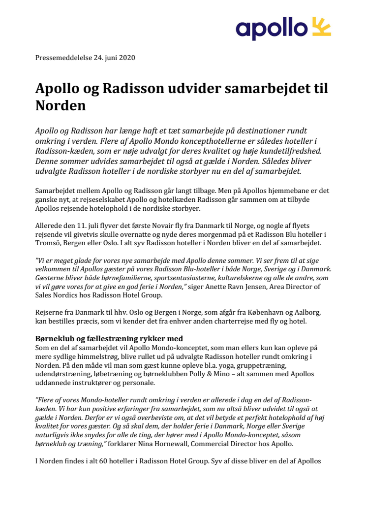 Apollo og Radisson udvider samarbejdet til Norden