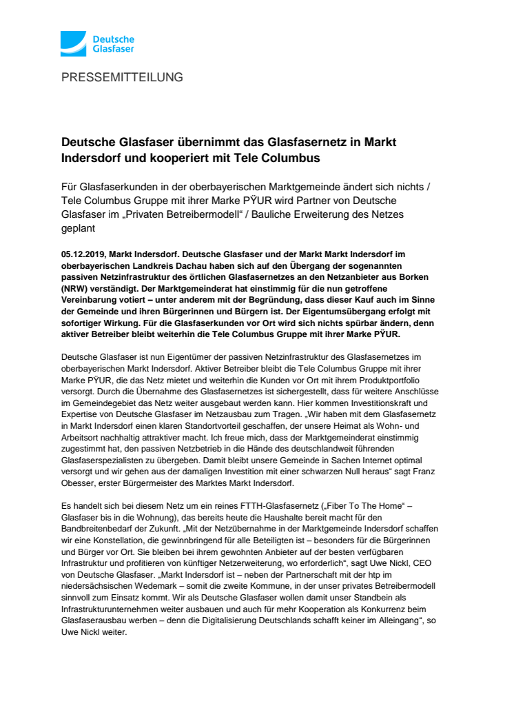 Deutsche Glasfaser übernimmt das Glasfasernetz in Markt Indersdorf und kooperiert mit Tele Columbus