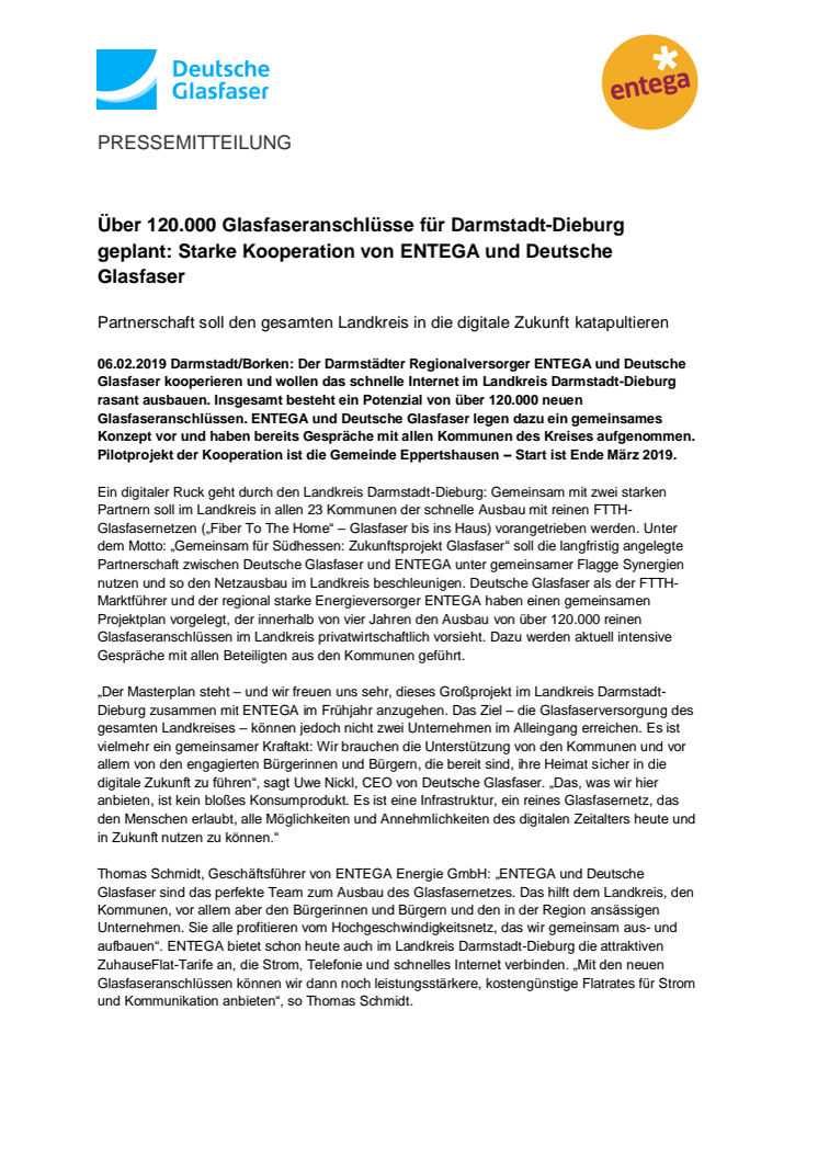 Über 120.000 Glasfaseranschlüsse für Darmstadt-Dieburg geplant: Starke Kooperation von ENTEGA und Deutsche Glasfaser