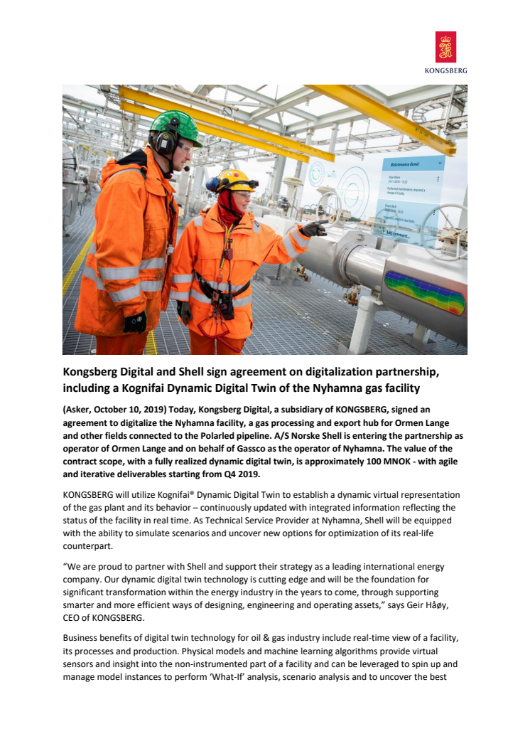 Kongsberg Digital and Shell sign agreement on digitalization partnership, including a Kognifai Dynamic Digital Twin of the Nyhamna gas facility