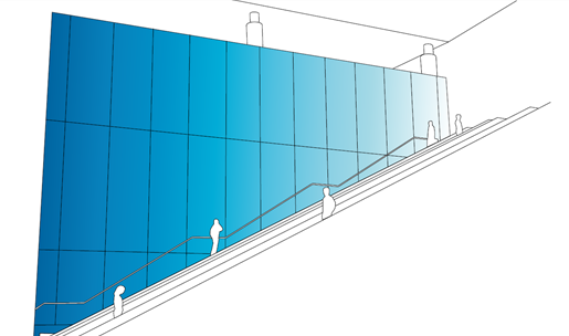 Ett av de vinnande bidragen i tävlingen för konstnärlig gestaltning vid Stockholm Arlanda Airport; Skywall, en gestaltad vägg i Nya Piren. Förslagsställare  Kate Maestri Architectural Glass Limited.