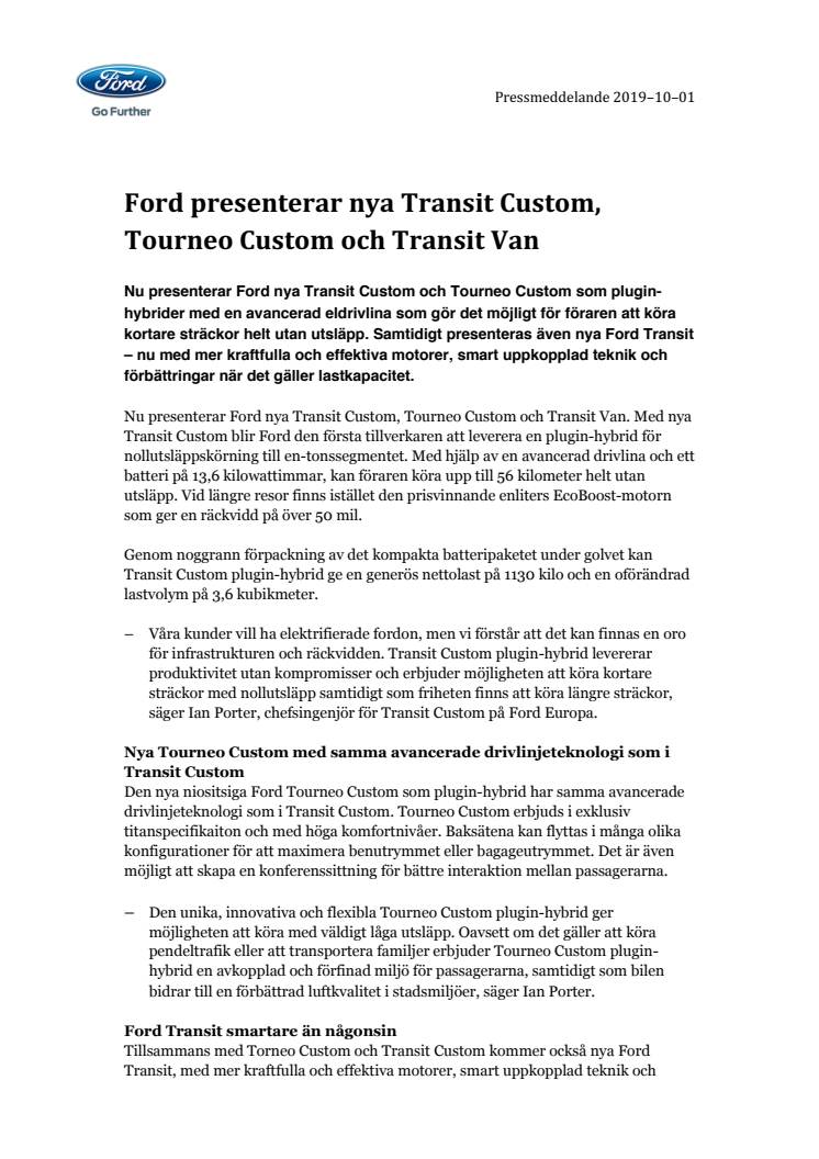 Ford presenterar nya Transit Custom, Tourneo Custom och Transit Van