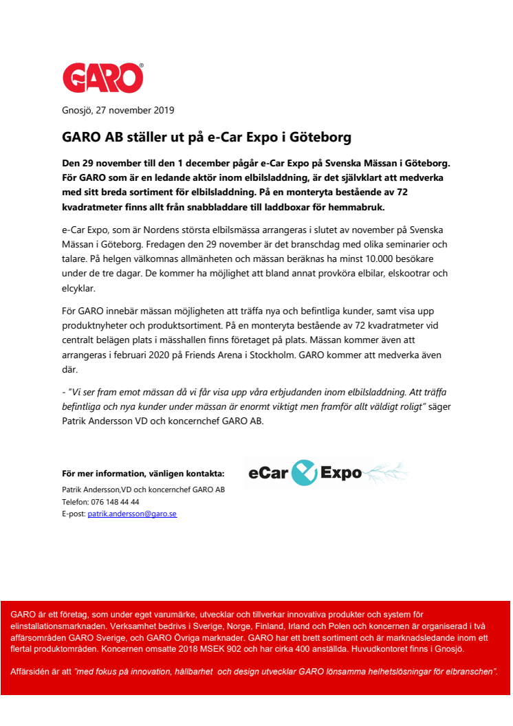 GARO AB ställer ut på e-Car Expo i Göteborg
