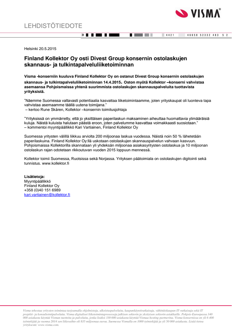 Finland Kollektor Oy osti Divest Group konsernin ostolaskujen skannaus- ja tulkintapalveluliiketoiminnan 