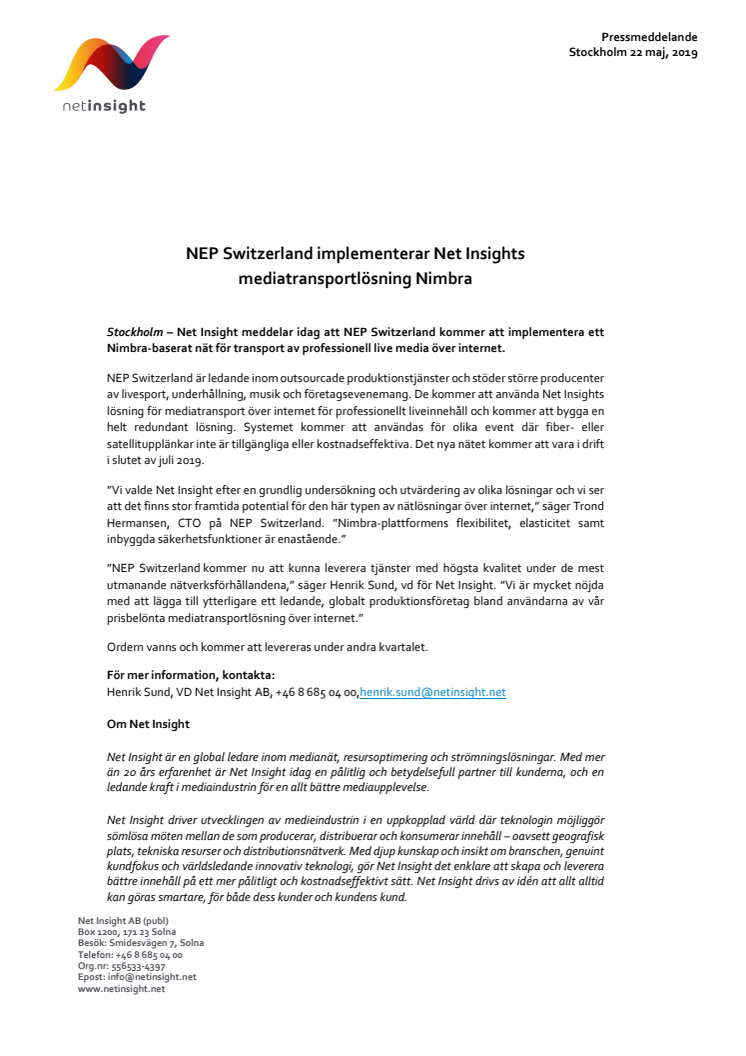 NEP Switzerland implementerar Net Insights mediatransportlösning Nimbra