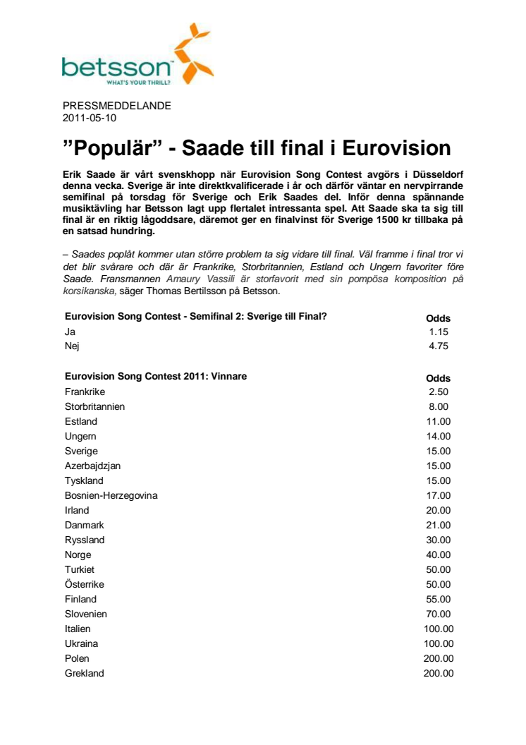 ”Populär” - Saade till final i Eurovision