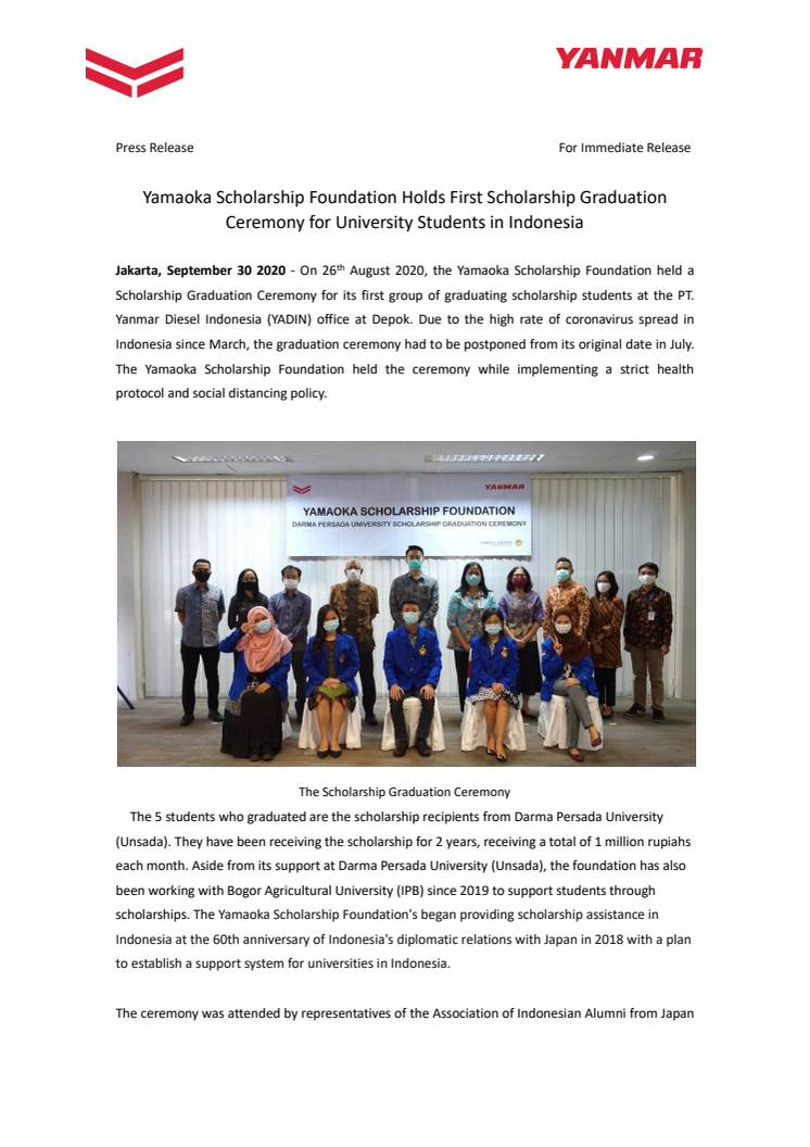 Yamaoka Scholarship Foundation Holds First Scholarship Graduation Ceremony for University Students in Indonesia